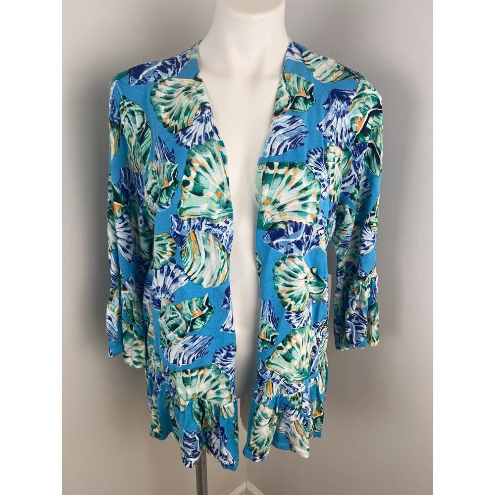 Chico's Summer Romance Bell Sleeve Coastal Shell Cardigan in Poolside Blue Large
